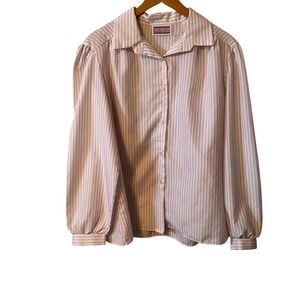 Picture Perfect Pink Pinstripe Button Up Blouse Long Puff Sleeve Women's Sz L